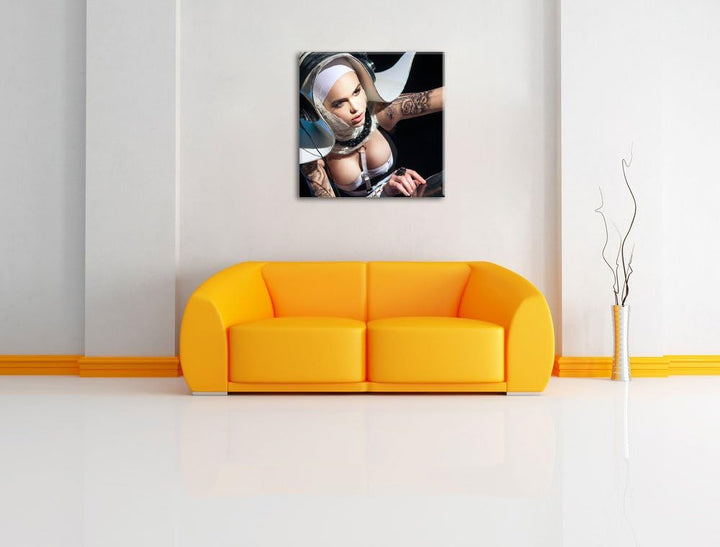 Tätowierte DJ Frau, Format: 70x70 auf Leinwand, XXL riesige Bilder fertig gerahmt mit Keilrahmen, Ku