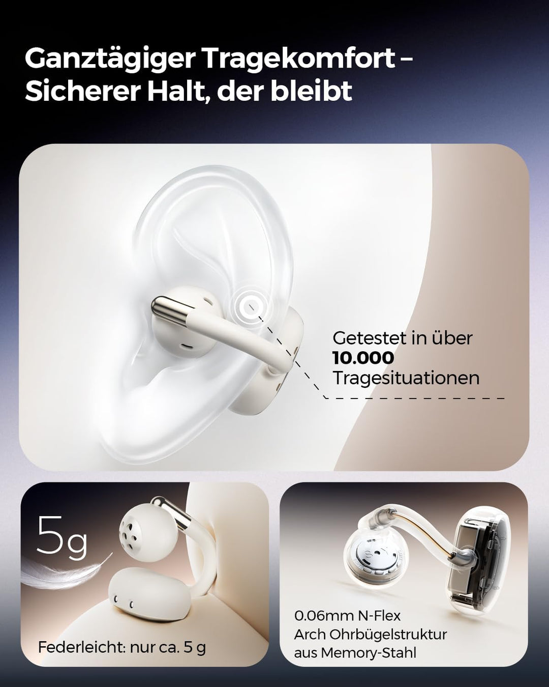 SoundPEATS Clip1 Open Ear Kopfhörer, Hi-Res LDAC Clip On Kopfhörer, 40 Std. Akku Schnellladung, Dolb