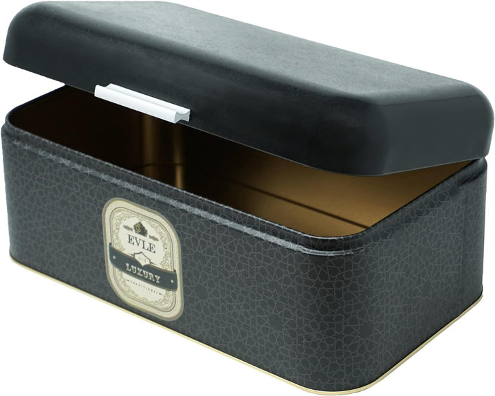 Lashuma Brot Aufbewahrung schwarz Luxus, Vintage Brotbox 36x21 cm, Brotkasten Blech mit Deckel, Luxu