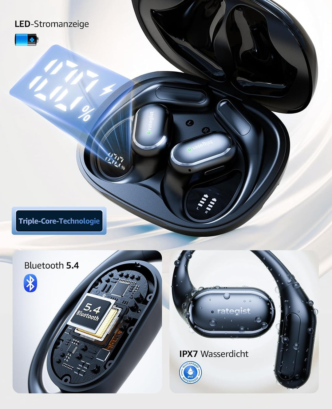 "Rategist Open-Ear Bluetooth Headphones with Handle, IPX7 Waterproof for Sports