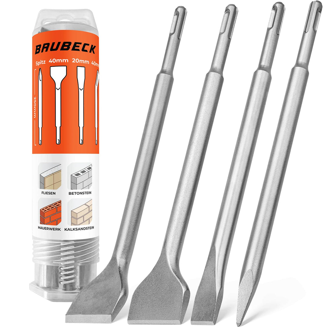 BAUBECK Meissel Set für Beton & Mauerwerk - SDS Plus - LONG LIFE [4tlg] - 250mm lang, angewinkelt un
