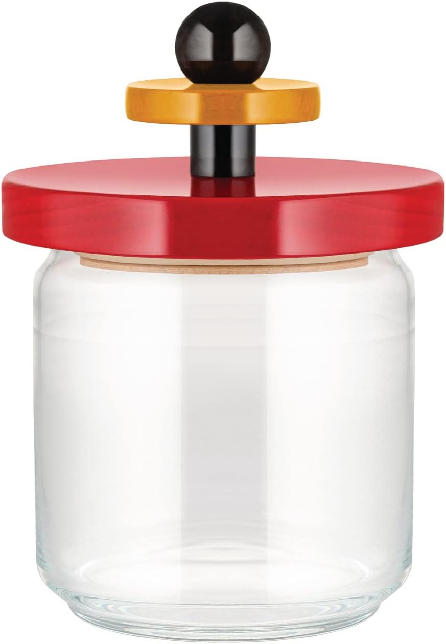 Alessi ES16/75 Küchendose aus Glas mit abgedichtetem Deckel aus Lindenholz, rot, schwarz und gelb 10
