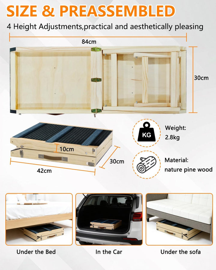 Hunderampe aus Holz, Hundetreppe Hunderampe Klappbar für Sofa, Bett oder Auto, 4-stufig höhenverstel