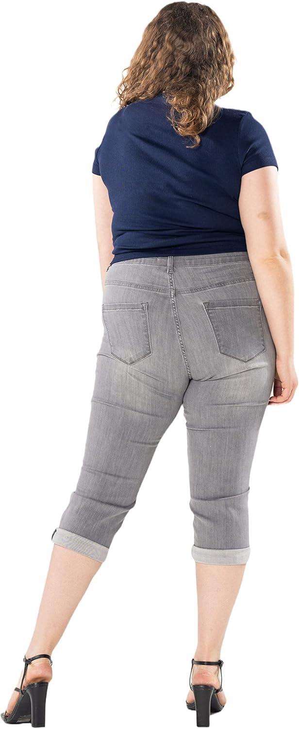 P200 Damen Capri Jeanshosen Grosse Grössen HIGH Waist Jeans Sommer Hose Used-Look, 42 Große Gr&