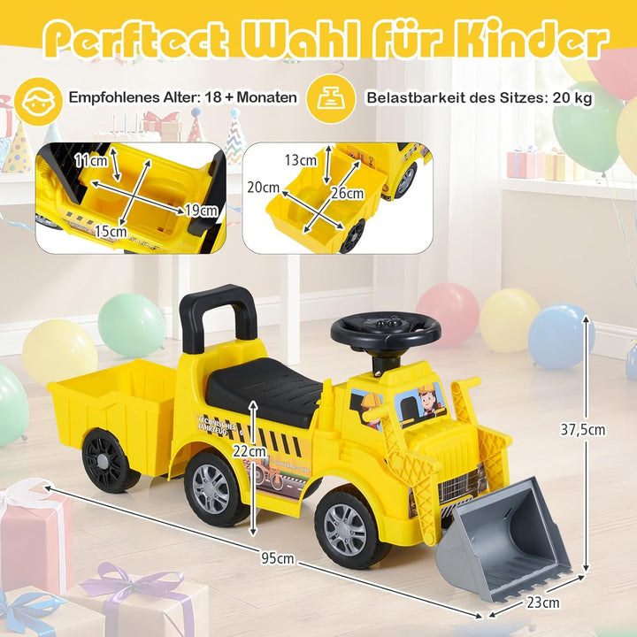 COSTWAY Sitzbagger mit Schaufel & abnehmbarem Anhänger, Kinderbagger mit Stauraum unter dem Sitz, Hu