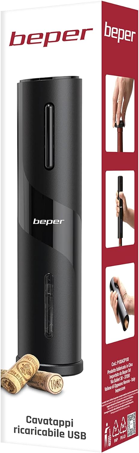 BEPER P102ACP100 -Korkenzieher Wein Elektrisch mit Weinflaschenschneider - Wiederaufladbarer Elektri