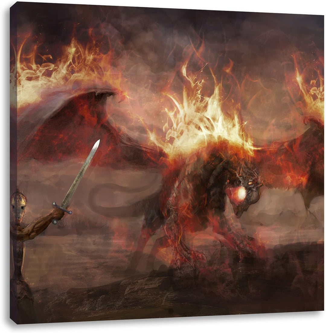 Pixxprint Ritter Drachen Feuer als Leinwandbild/Grösse: 70x70 cm/Wandbild/Kunstdruck/fertig bespannt