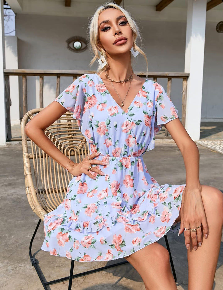 KOJOOIN Damen Sommerkleider Kurzarm Elegant V-Ausschnitt Boho Kleid Chiffon Blumenkleid Mini Kleid R