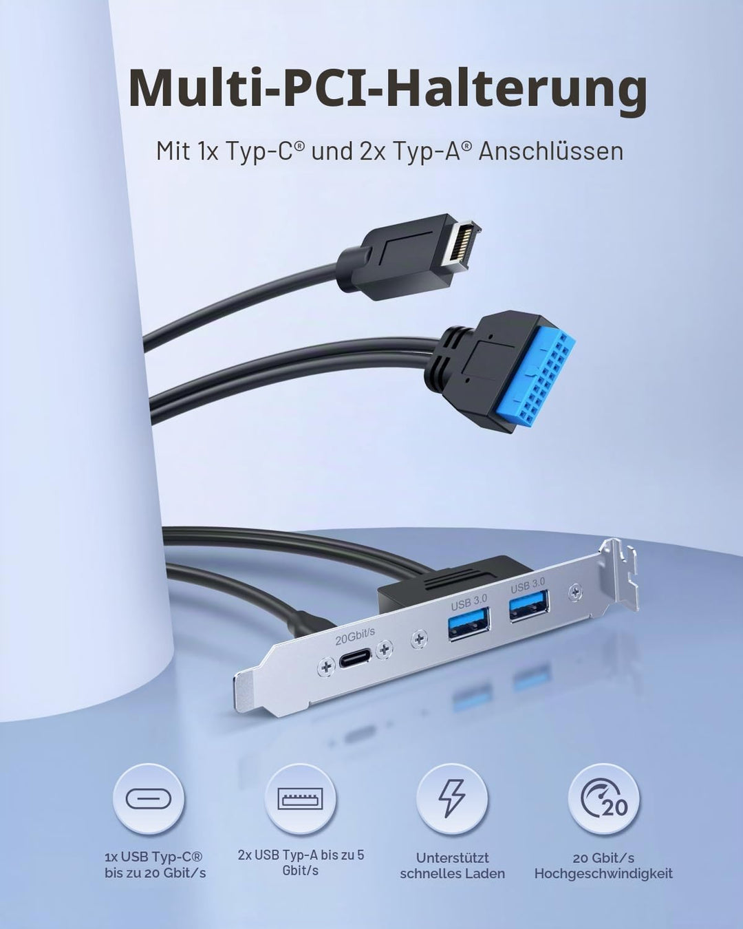 GRAUGEAR 20Gbit/s USB Port Typ-C & 2x Typ-A I USB HUB in PCI Slot [Extra HUB] Mainboard USB Verlänge