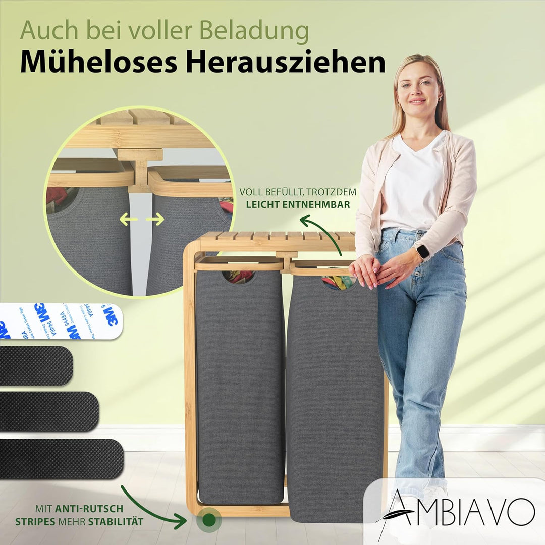 Wäschekorb 2 Fächer grau 100 L – Platzsparendes Design – 50L pro Fach - Stabile Bambuskonstruktion –