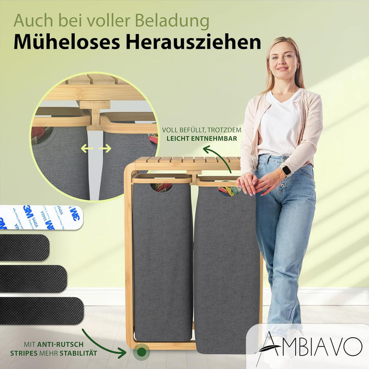 Wäschekorb 2 Fächer grau 100 L – Platzsparendes Design – 50L pro Fach - Stabile Bambuskonstruktion –