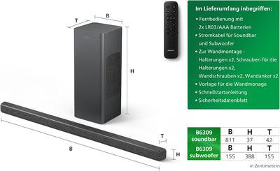 Philips TAB6309 Soundbar 2.1 mit drahtlosem Subwoofer - 2,1 Kanal 320W, DTS Virtual X, Bluetooth 5.4