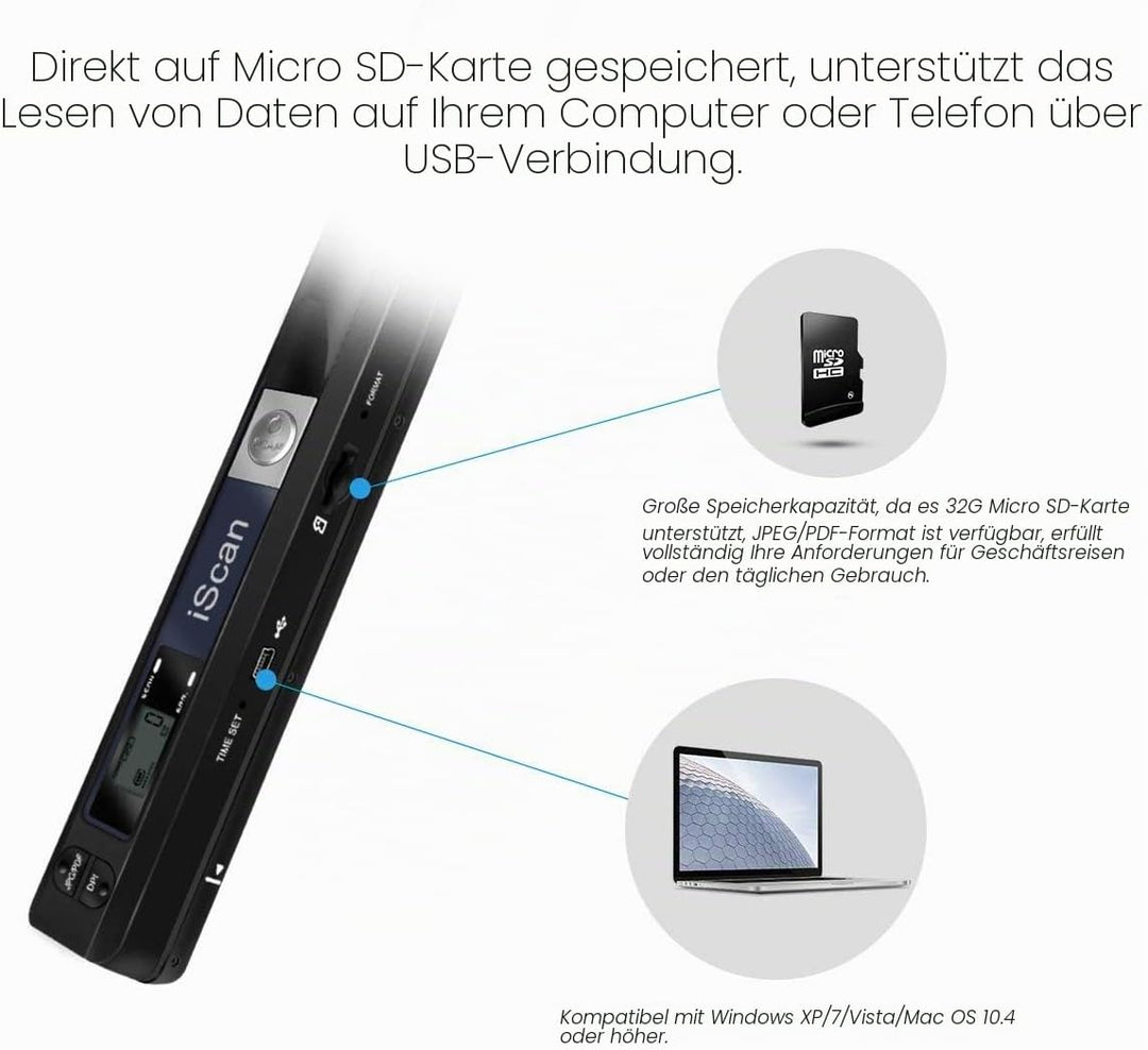Tragbarer Dokumentenscanner mit 16GTF-Karte, 900 DPI A4 Handscanner Dokumentenscanner, JPG/PDF Hochg
