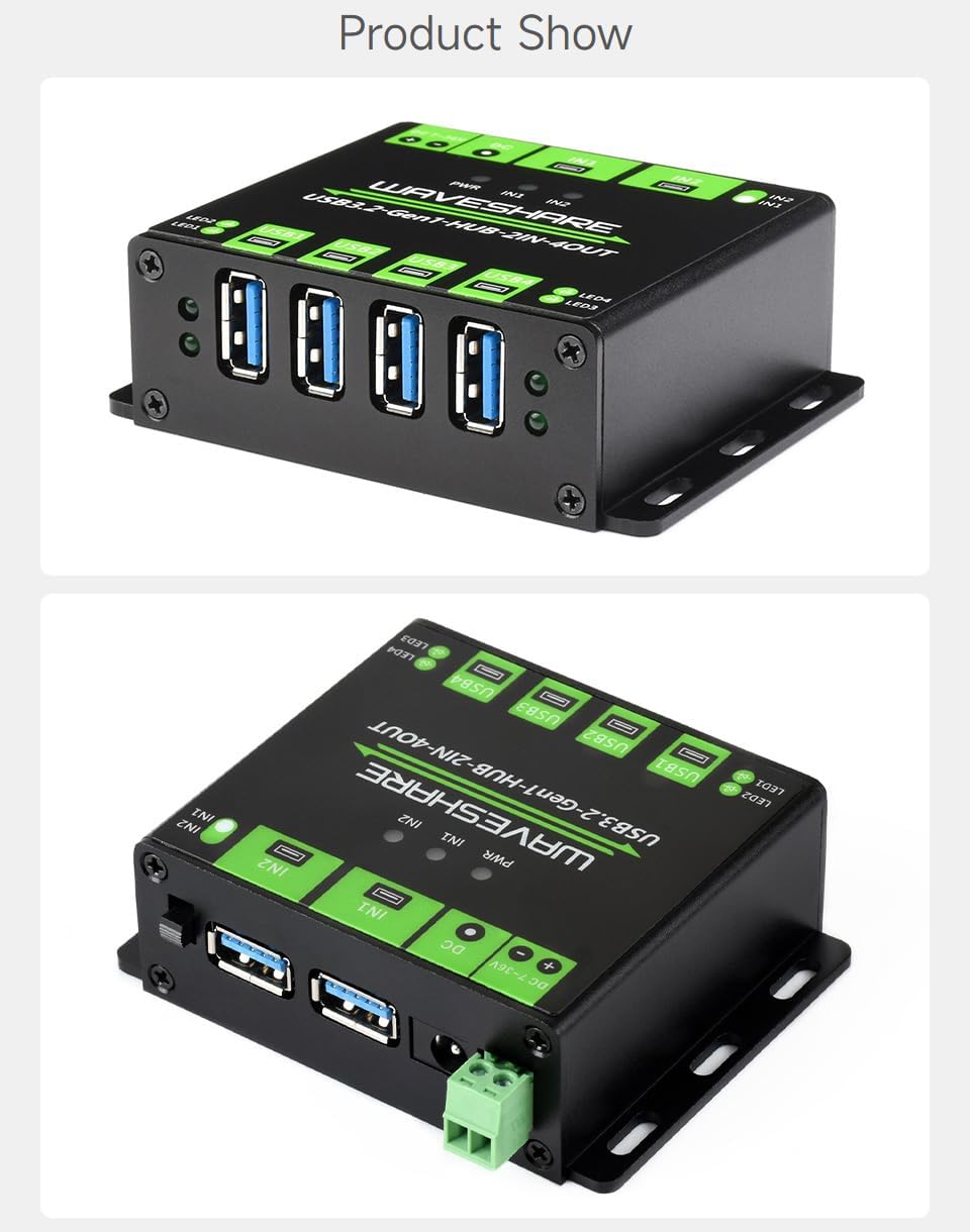 Waveshare Industrial Grade USB HUB, Extending 4X USB 3.2 Ports, Switchable Dual Hosts, Multi Protect