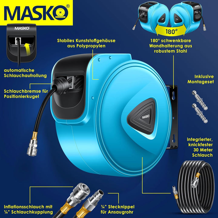 MASKO® 30m Druckluftschlauch Aufroller automatisch 1/4" Anschluss - Schlauchtrommel Wandschlauchhalt