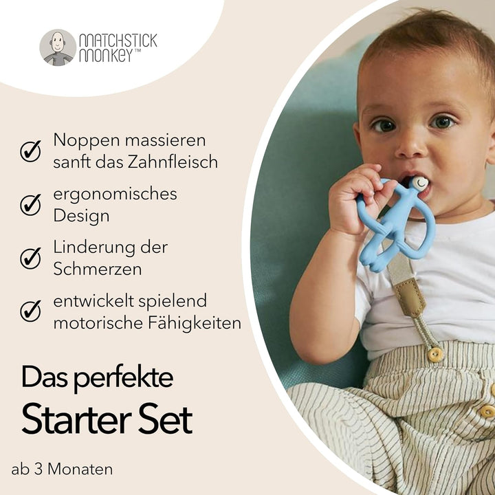 Matchstick Monkey Zahnungs Starter-Set – Flacher Beissring, Tier-Beissring & 2 Silikon-Fingerzahnbür