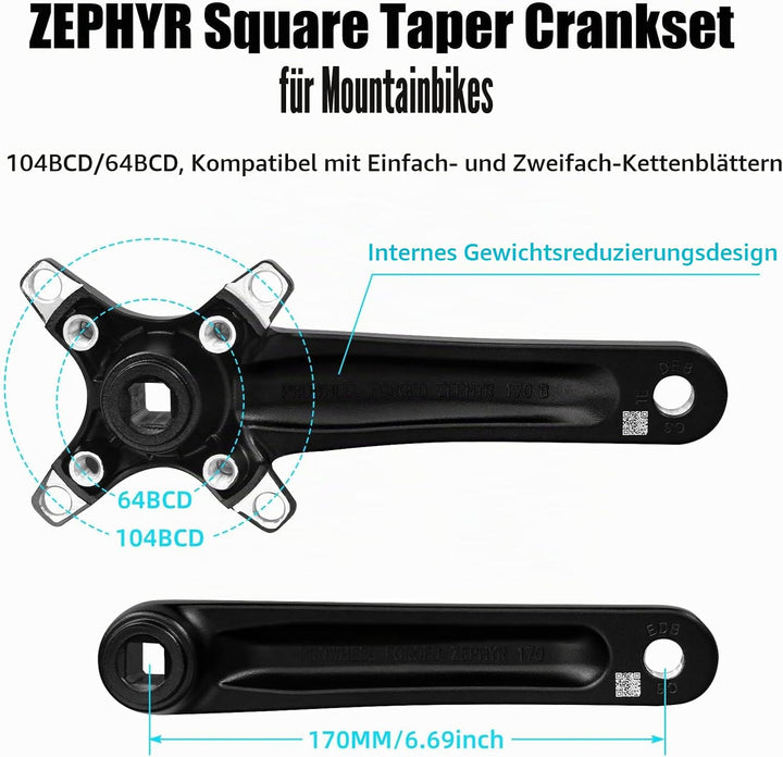 splumzer 170mm Vierkantkurbel für Mountainbike mit 104 Lochkreis 32/34/36/38T Kettenblatt, Wide Narr