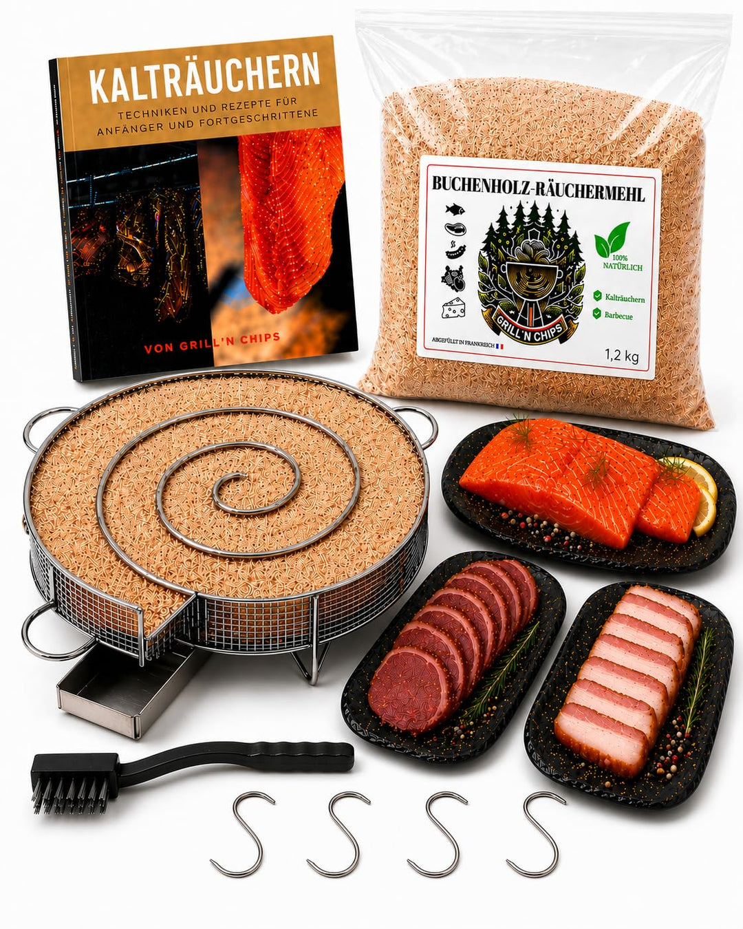 Kaltrauchgenerator/Räucherschnecke für Räucherofen Fleisch und Fisch + 1,3 kg Räuchermehl Buche + 4