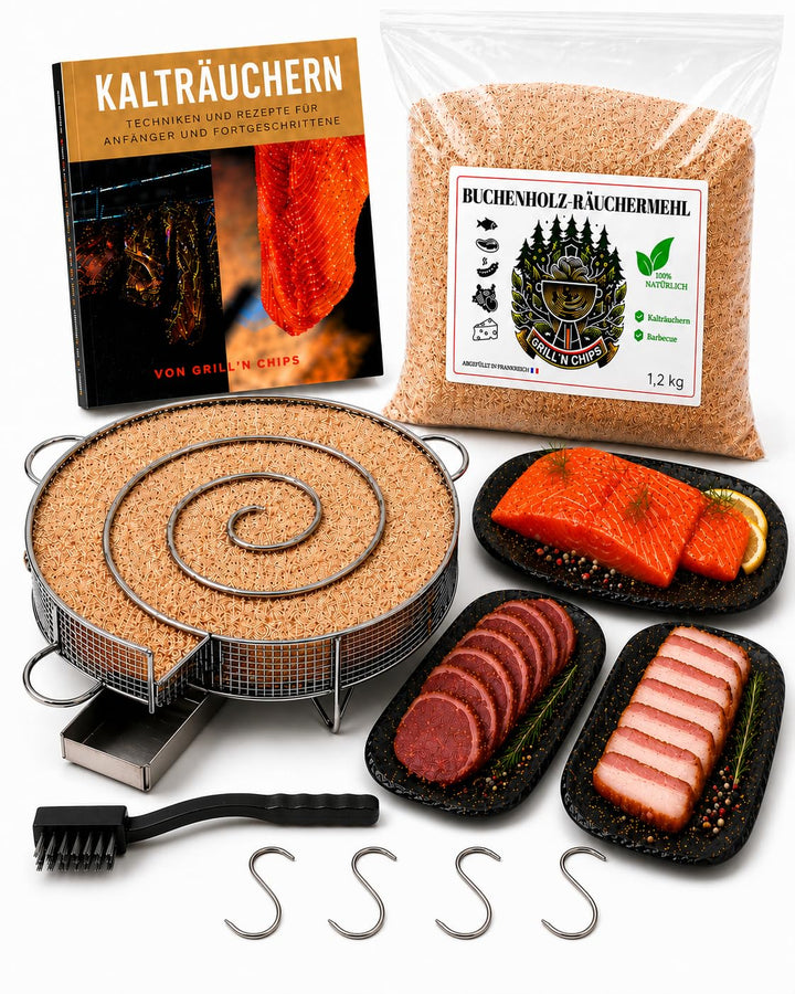 Kaltrauchgenerator/Räucherschnecke für Räucherofen Fleisch und Fisch + 1,3 kg Räuchermehl Buche + 4