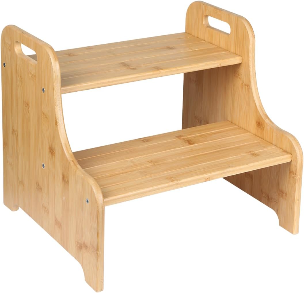 Hocker mit 2 Stufen aus Holz für Kinder, mit rutschfester Oberfläche, tragbaren Griffen, rutschfeste