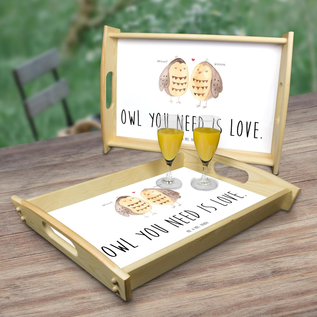 Mr. & Mrs. Panda Sofa Tablett Eulen Liebe - Geschenk, Liebesspruch, Dekotablett, aus Holz, Verliebt,