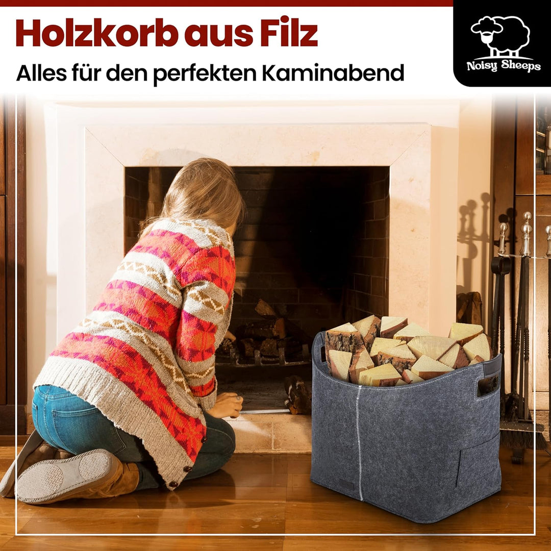 Noisy Sheeps® Holzkorb für Kaminholz gross XXL 60L | Extra starker 6mm Filz | inkl. Anzündwolle für