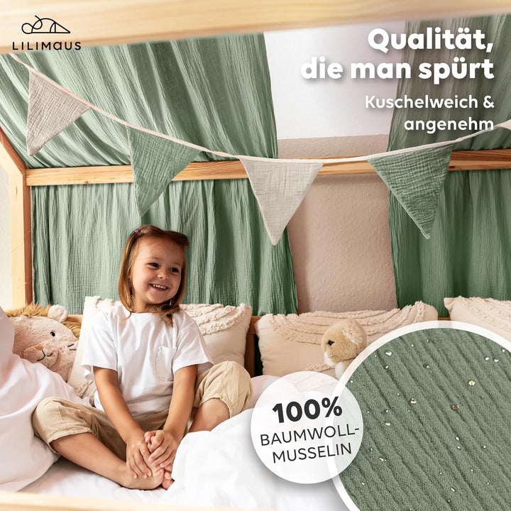 Hausbett Himmel mit Gold Applikation [in 12 Farben] Betthimmel Hausbett aus 100% Baumwolle Musselin