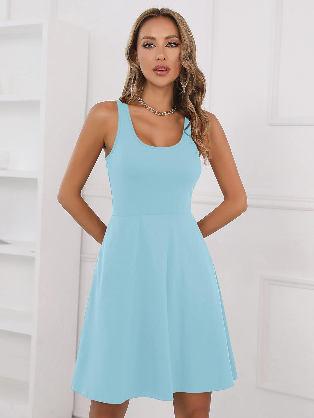 Missufe Damen Sommerkleid Minikleid Rockabilly Freizeitkleid Skaterkleid Kurzes Tank Kleider L Hellb