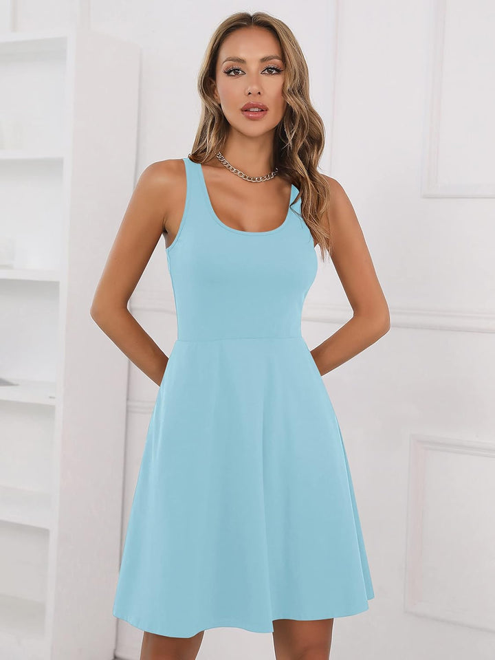 Missufe Damen Sommerkleid Minikleid Rockabilly Freizeitkleid Skaterkleid Kurzes Tank Kleider L Hellb
