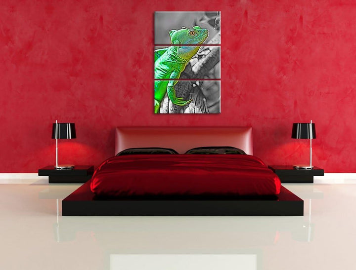 schönes kleines Chamäleon schwarz/weiss Deluxe 3-Teiler Leinwandbild 120x80 Bild auf Leinwand, XXL r