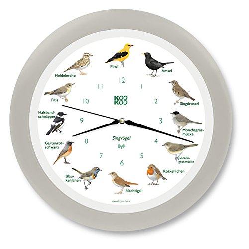KOOKOO Singvögel Seiden-Grau, Die Singende Vogeluhr, mit 12 heimischen Singvögeln und echten, natürl