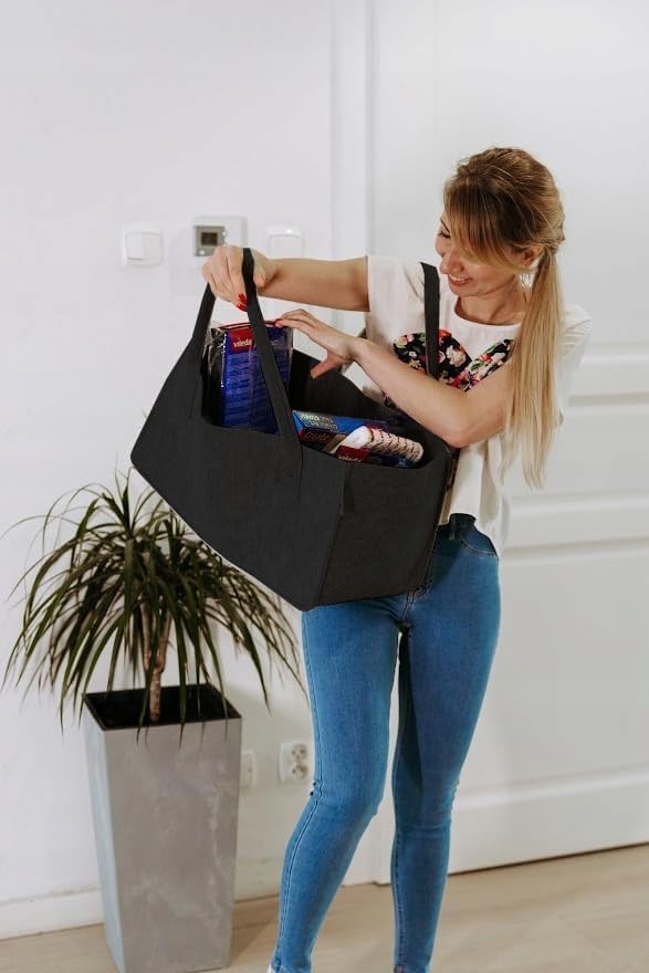 2 Stück Filztaschen Schwarz Einkaufstasche Einkaufskorb Kaminholztasche Kaminholzkorb Filz Zeitungss