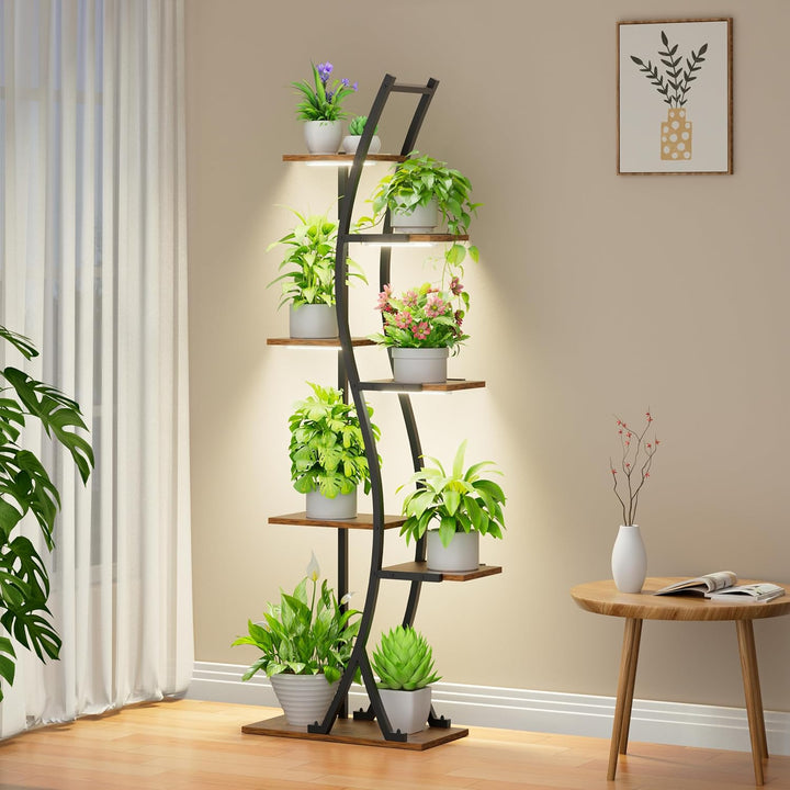 JUSTOGO Blumenständer Pflanzenständer mit Wachstumslichtern - 7 Etagen Pflanzenregal Indoor aus Holz
