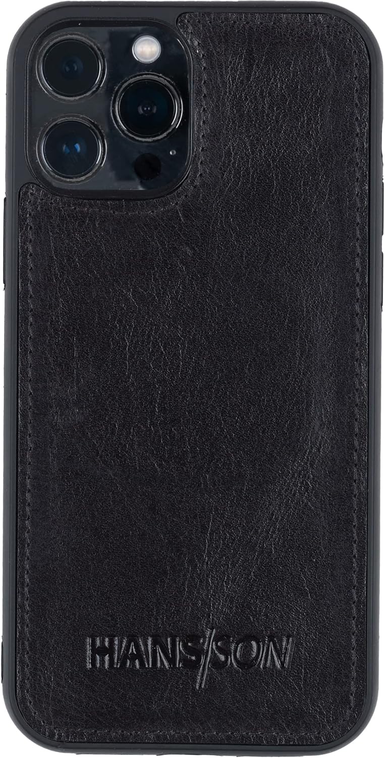 HANS/SON Echtlederhülle in Schwarz | iPhone 13 Pro Max Ledercase | Schutz vor Stürzen und Stössen |
