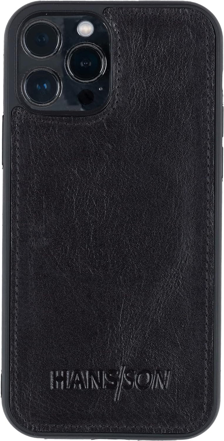 HANS/SON Echtlederhülle in Schwarz | iPhone 13 Pro Ledercase | Schutz vor Stürzen und Stössen | Mags