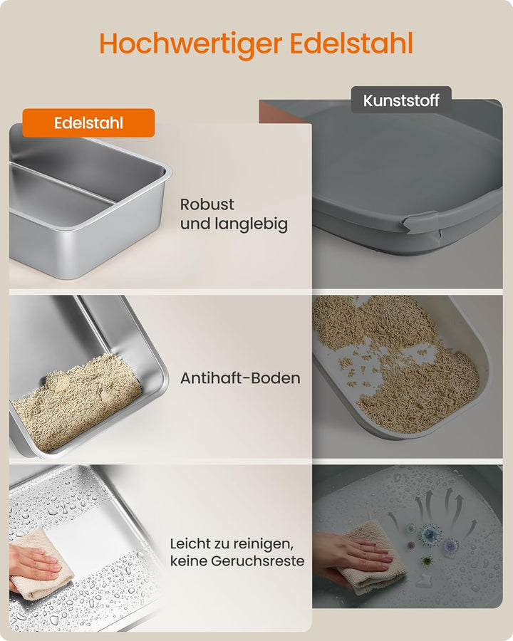 Feandrea Katzenklo Edelstahl, Katzentoilette mit Deckel, geschlossen, 2 Eingänge, inklusive Schaufel