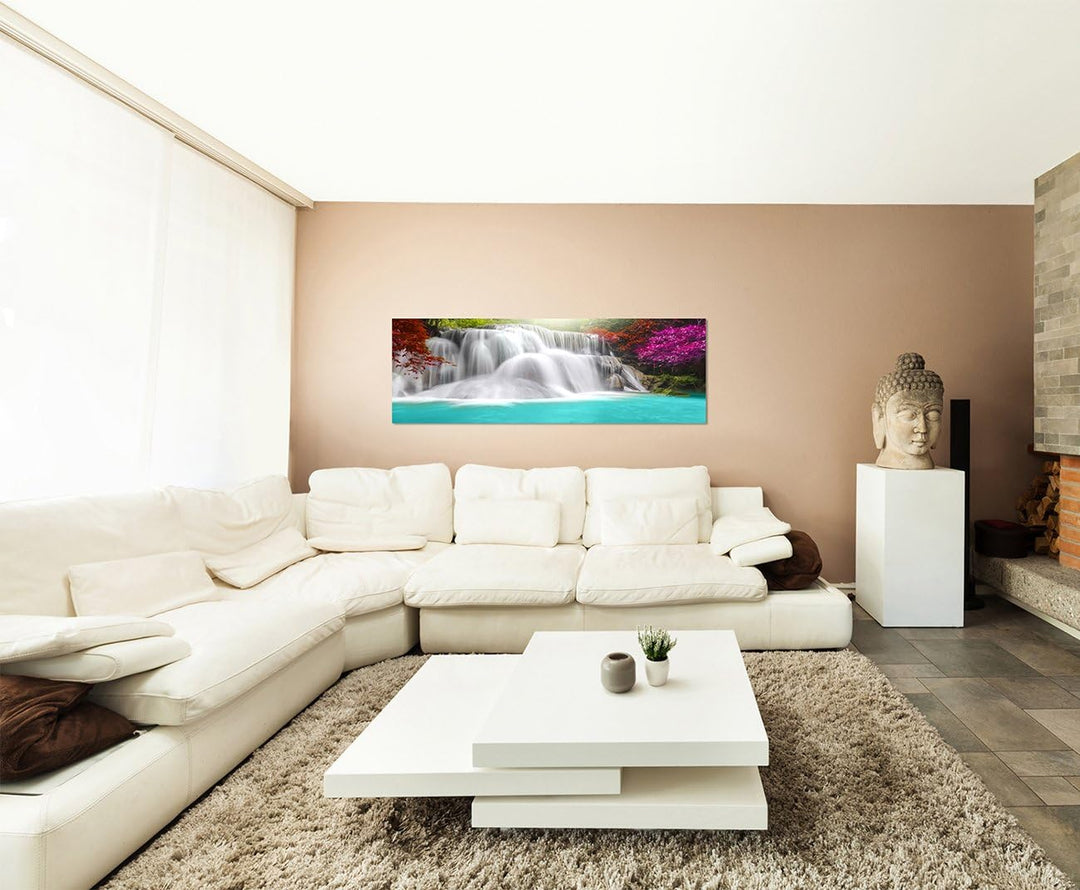 Paul Sinus Art Panoramabild auf Leinwand und Keilrahmen 150x50cm Thailand Wald Wasserfall Lagune Nat