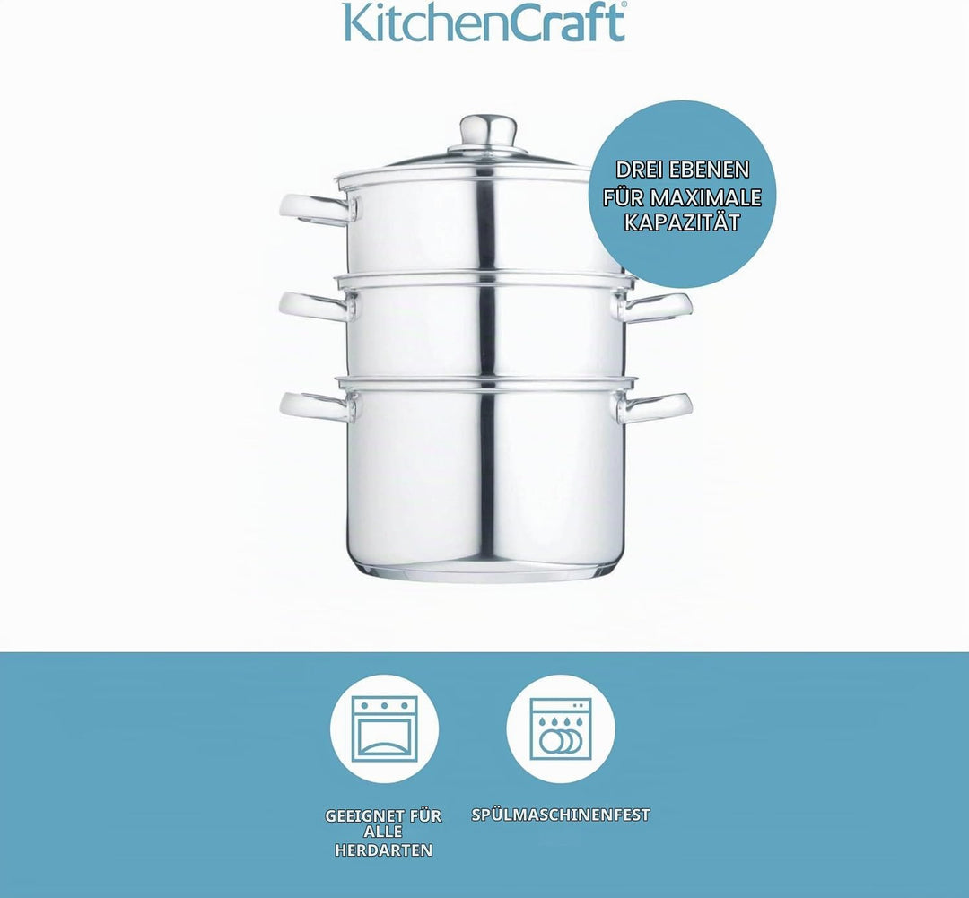 KitchenCraft 3 Kochtopf Set, Dampfgarer/Suppentopf Steamer 3-stufig, Induktionssicher, Edelstahl, in