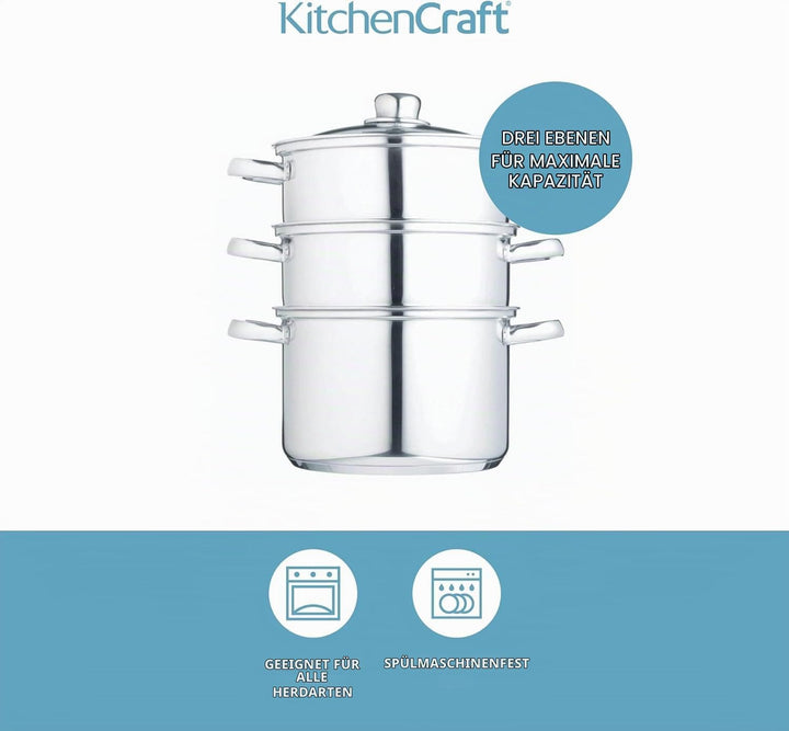 KitchenCraft 3 Kochtopf Set, Dampfgarer/Suppentopf Steamer 3-stufig, Induktionssicher, Edelstahl, in
