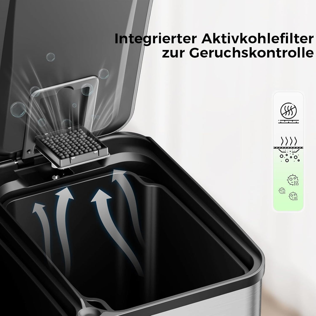 YASHE Mülleimer 2 Fächer mit Deckel, 2x20L Mülleimer Küche, Tretmülleimer Edelstahl mit 20 Müllbeute