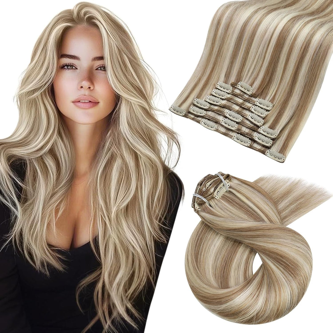 Moresoo Clip in Haarverlängerung Echthaar Clip Blond Remy Echthaar Extensions Clip in Extensions Ech