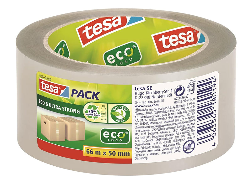 tesa Tesapack ECO und ULTRA STRONG ecoLogo - transparentes Kunststoff-Packband mit extra starker Haf