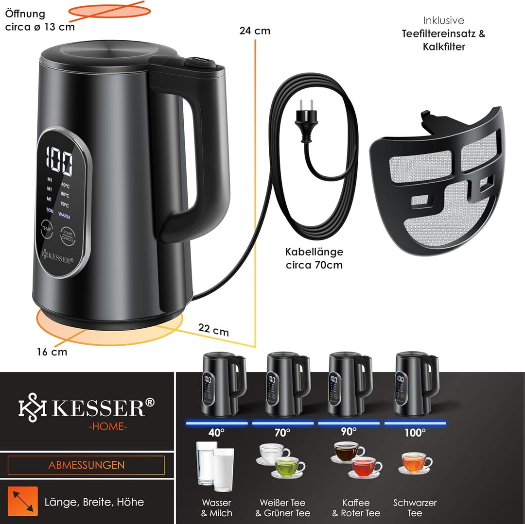 KESSER® Wasserkocher Edelstahl 1.5 Liter | LED-Anzeige | 4-Modi Temperatureinstellung 40°C-100°C | 3