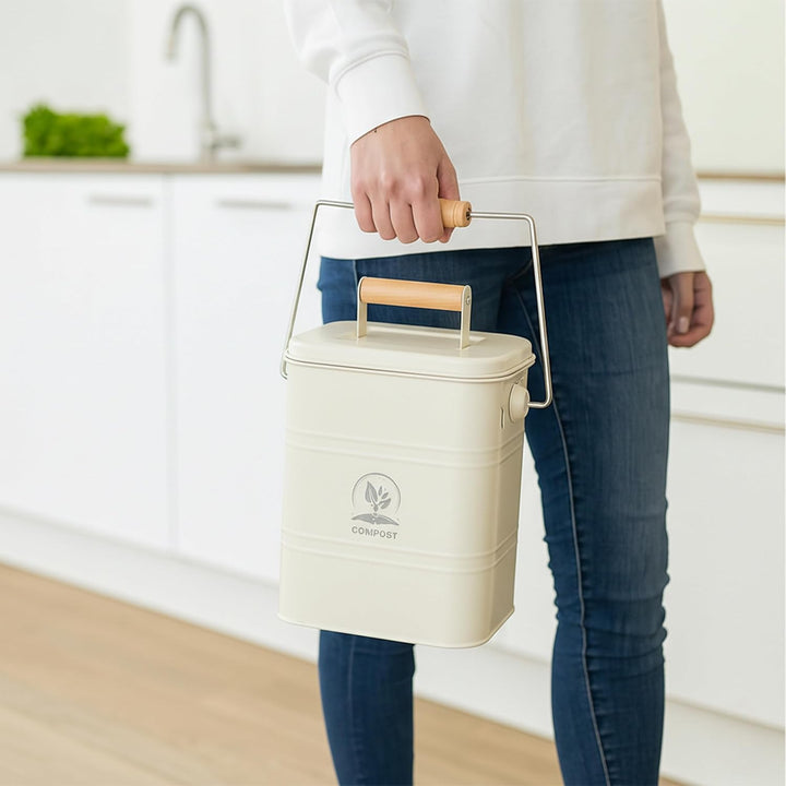 Relaxdays Komposteimer Küche, 3,5 Liter, 2 Aktivkohlefilter, Deckel, Henkel, Eisen & Holz, Biomüllbe