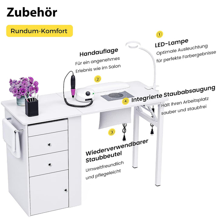 Klappbarer Nageltisch mit Staubabsaugung & LED-Lampe, Mobiler Manikürtisch auf Rollen mit 3 Schublad