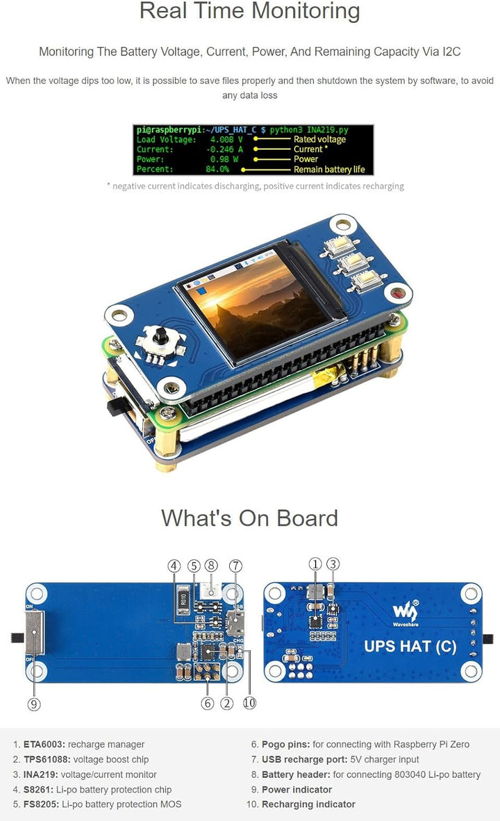 Waveshare UPS HAT (C) for Raspberry Pi Zero 5V Uninterruptible Power Supply Multi Battery Protection