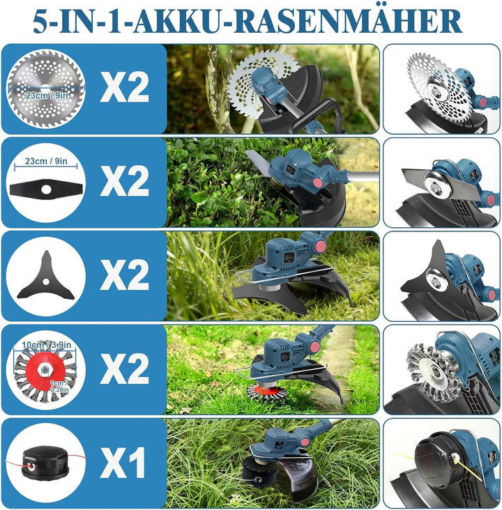 Rasentrimmer mit Akku, Akku Rasentrimmer für Makita-Akkus mit 5 Klingentypen, 21V Rasentrimmer mit U