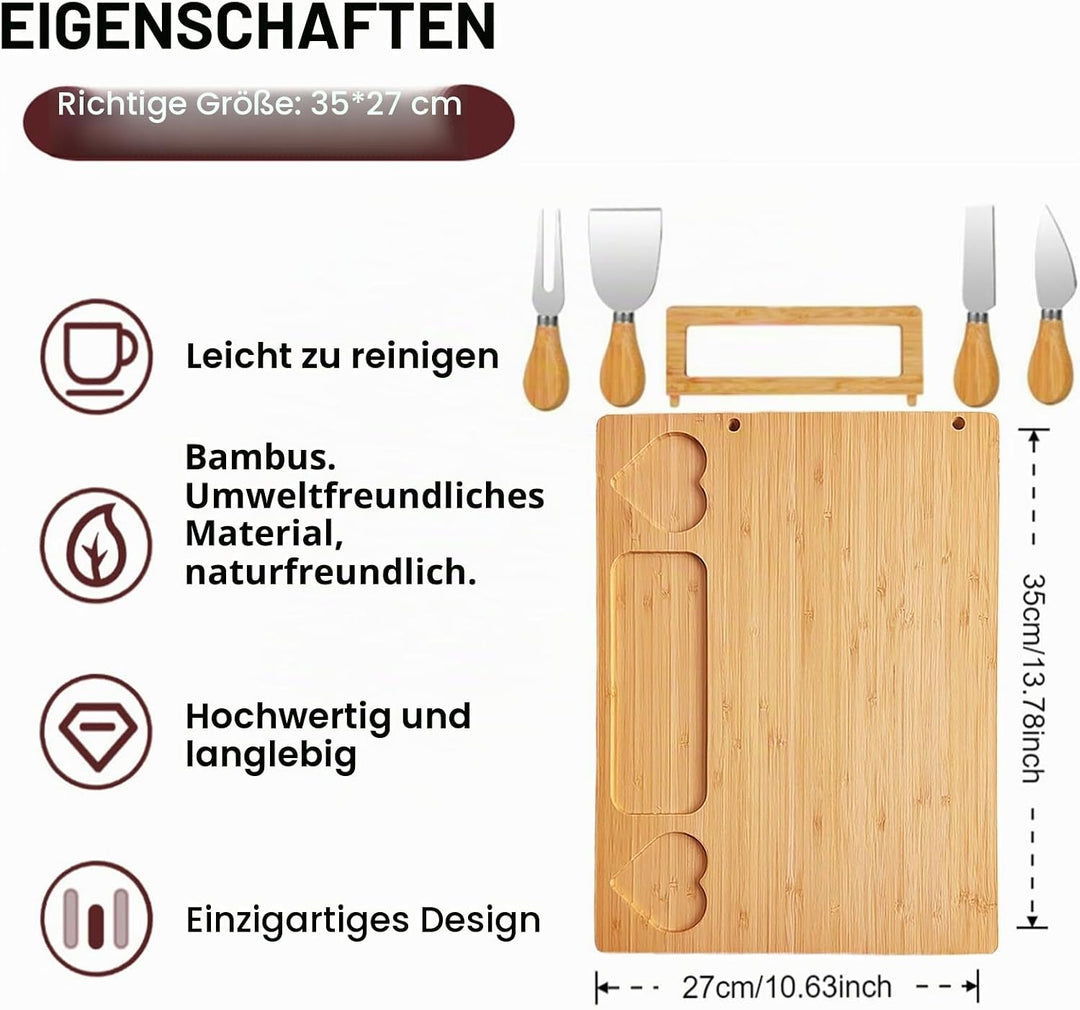 Käsebrett Set mit Käsewerkzeugen – Personalisiert Käsebrett Geschenkset, Herz-Design Bambus Servierp