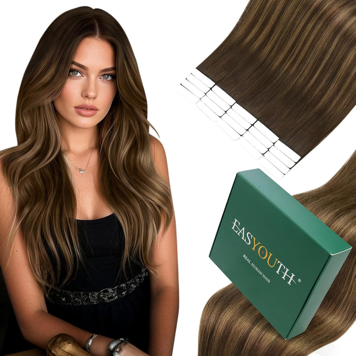 Easyouth Adhesive on Extension Haar Extensions Tape Echthaar 24 Zoll 50g Farbe Dunkelbraune Mischung