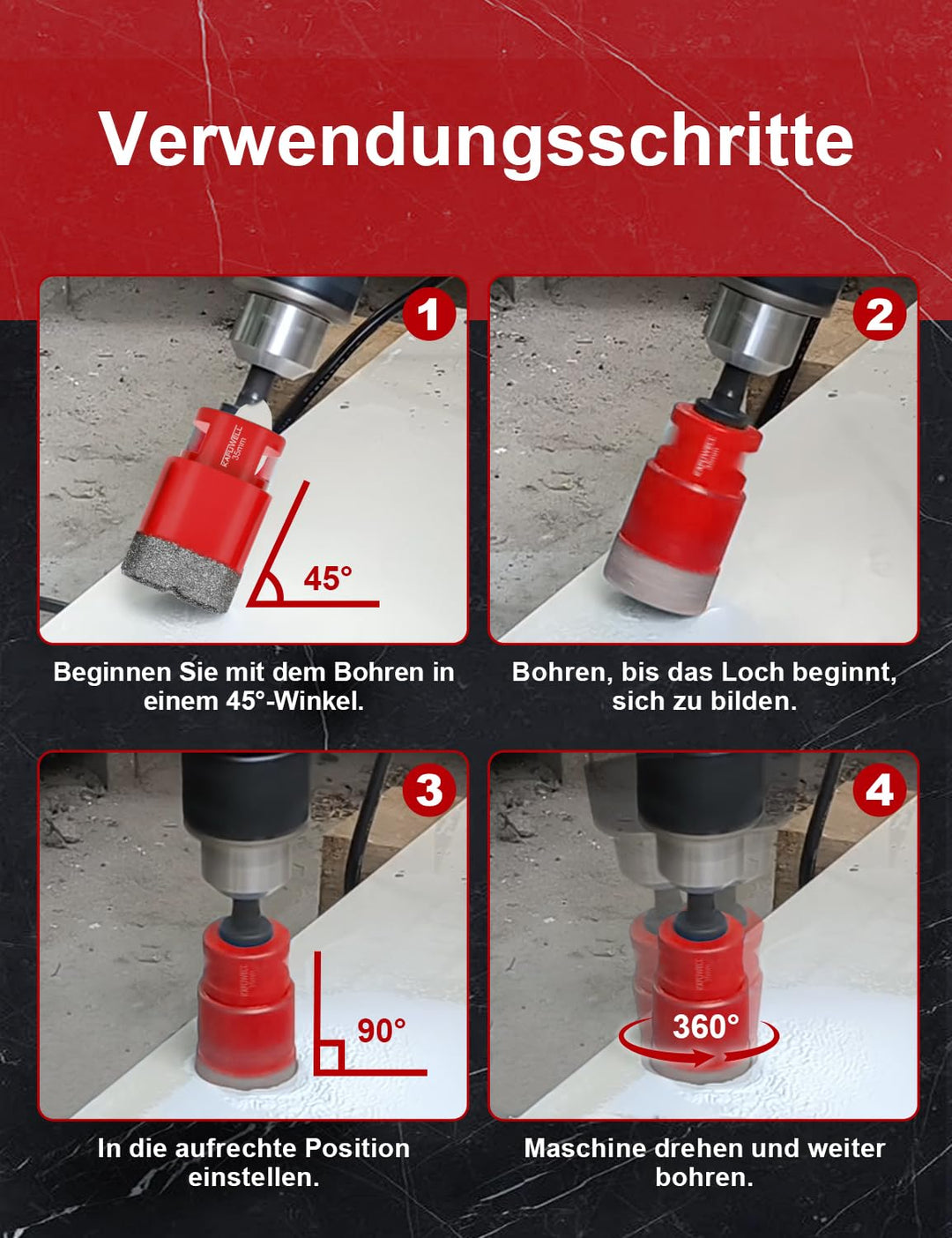 M14 Fliesenbohrer Diamantbohrer Set 8tlg - ø 6/8/10/12/35/50/68mm inkl. Adapter für Winkelschleifer,